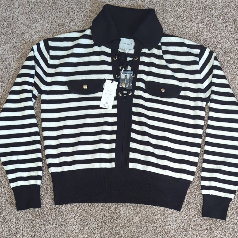 Pink Rose Black and White Striped Sweater